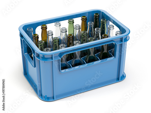Empty bottles  in the strage crate for bottles. Glass recycling concept. photo