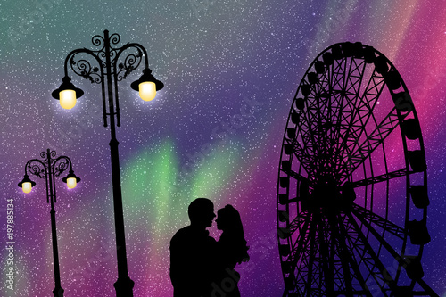 Lovers in amusement park at night. Vector illustration with silhouette of loving couple, vintage lampposts and Ferris wheel. Northern lights in starry sky