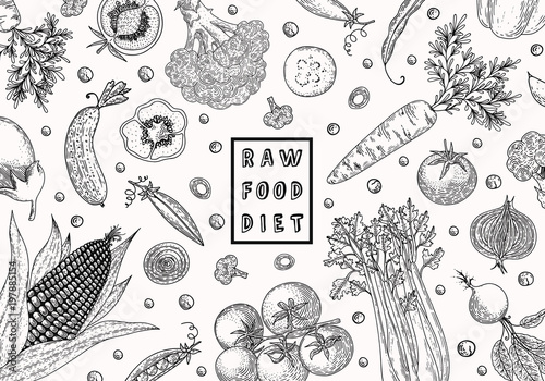 Organic food design template. Fresh vegetables. Hand drawn illustration frame with vegetables. Eco organic food. Great for label, design menu, recipes, poster, packaging design, wrapping paper.