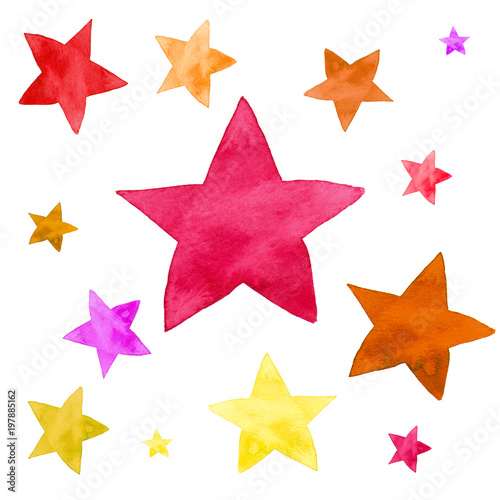 Watercolor illustration of yellow  pink  red and orange stars pattern set