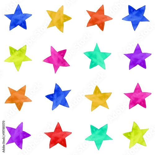 Isolated watercolor illustrated colorful stars pattern set