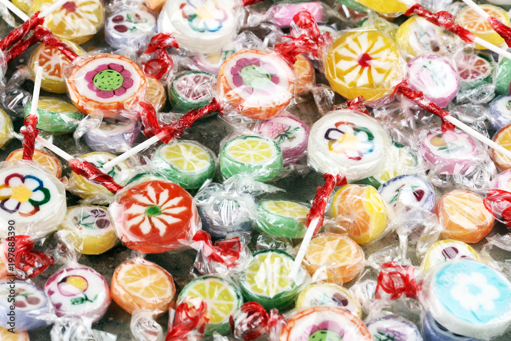 candies with jelly and sugar. colorful array of different childs sweets and treats.