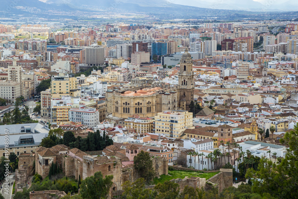 Cityscape aerial view of Malaga, Andalucia, Spain. The Cathedral of Malaga