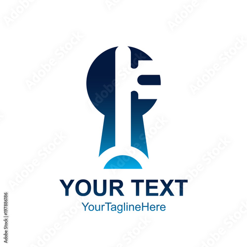 Initial letter F logo template colored blue key hole design for business and company identity