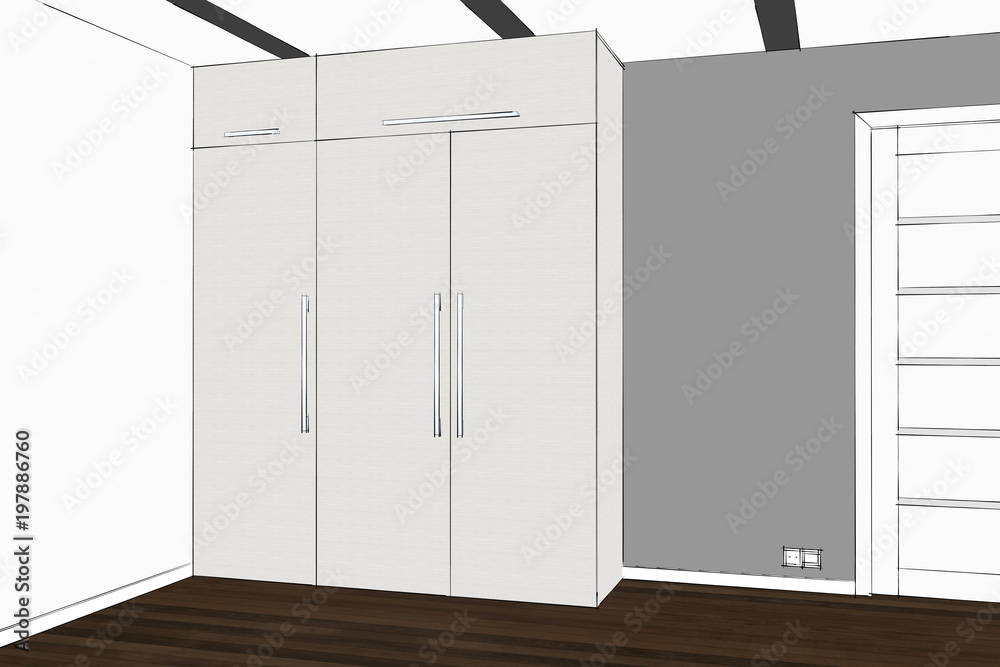 3D rendering. Wardrobe in the interior. Modern functional wardrobe with decorations and appliances. Home office with table. Table hidden in the closet. Home Interior Design Software Programs. 3D rendering. Wardrobe in the interior. Modern functional wardrobe with decorations and appliances. Home office with table. Table hidden in the closet. Home Interior Design Software Programs.