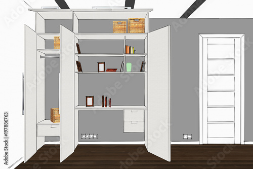 3D rendering. Wardrobe in the interior. Modern functional wardrobe with decorations and appliances. Home office with table. Table hidden in the closet. Open doors. Book, photo frame, box.