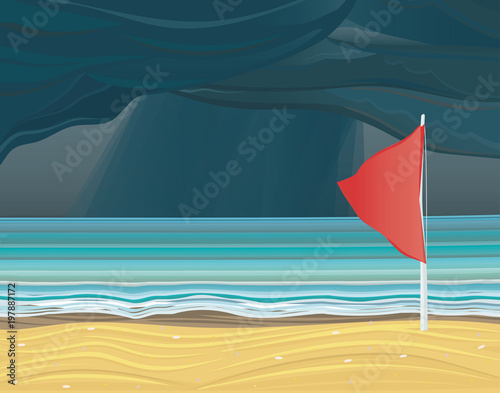 Warning sign of a red flag. Illustration of storm at sea. 