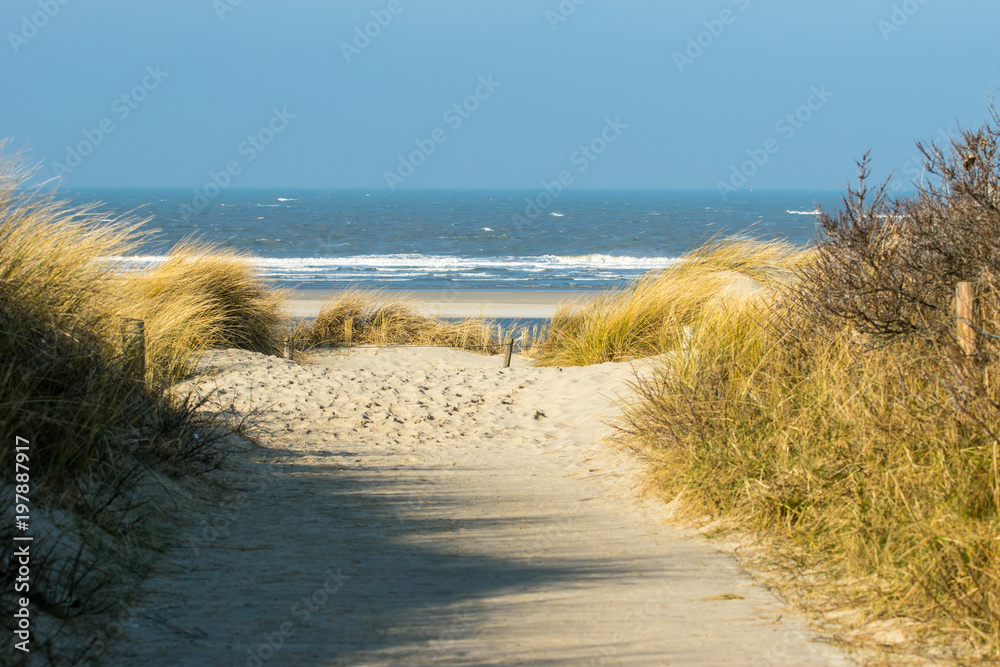 Sandstrand mit Düne und blauem Meer Sandstrand mit Düne und blauem Meer