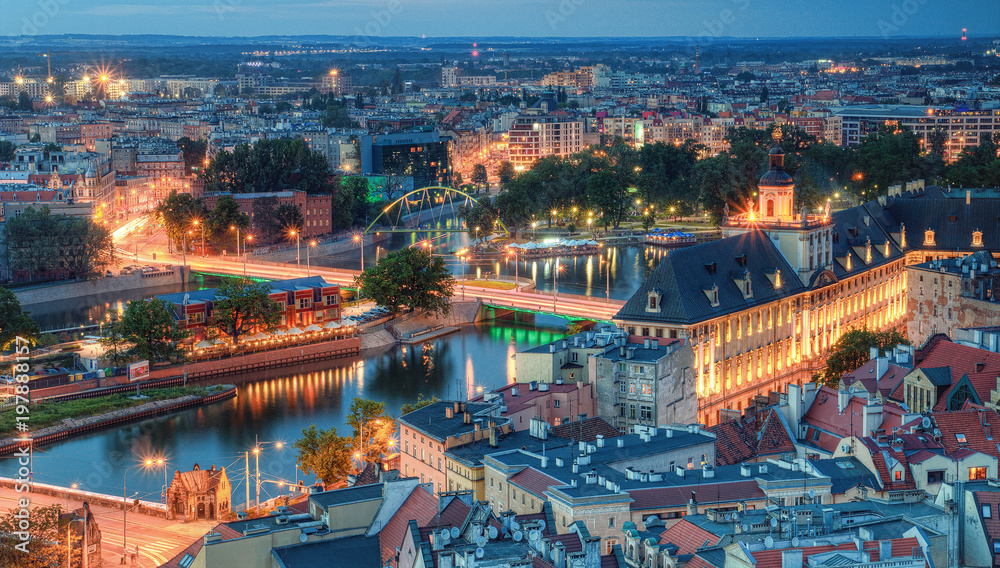 Evening panorama of the city Wroclaw, Poland