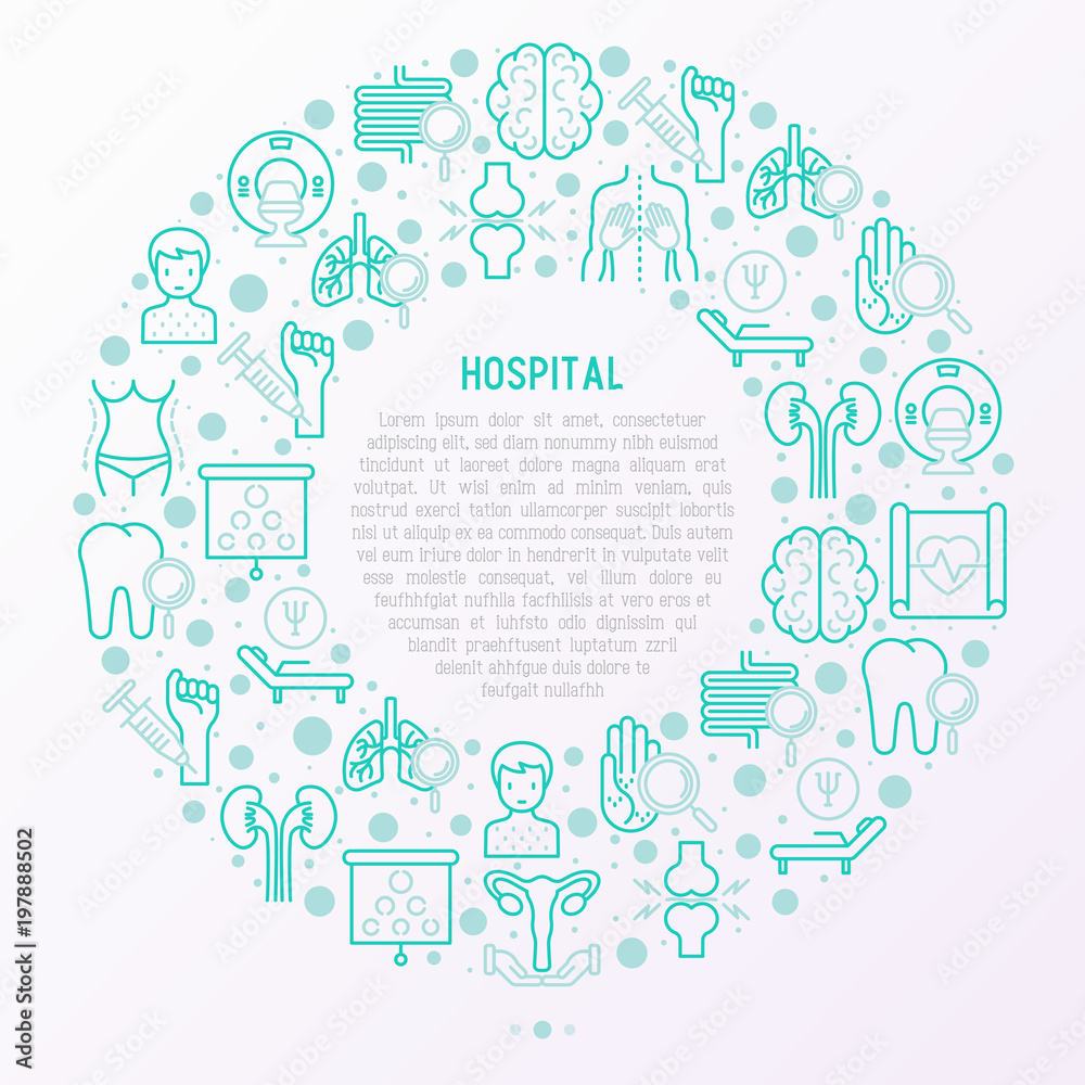 Hospital concept in circle with thin line icons for doctor's notation: neurologist, gastroenterologist, manual therapy, ophtalmologist, cardiology, allergist, dermatologist. Vector illustration.