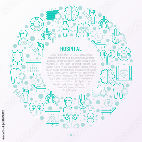 Hospital concept in circle with thin line icons for doctor's notation: neurologist, gastroenterologist, manual therapy, ophtalmologist, cardiology, allergist, dermatologist. Vector illustration.