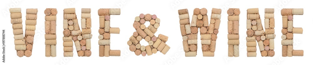 Word Vine and Wine made of wine corks Isolated on white background