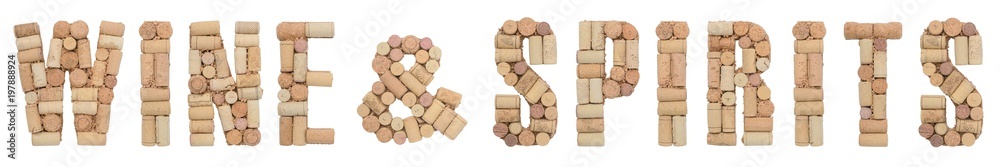 Word Wine and Spirits made of wine corks Isolated on white background