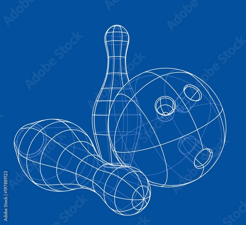 Bowling skittles and ball outline. Vector