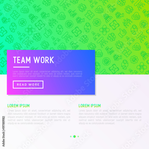 Teamwork concept with thin line icons: group of people, mutual assistance, meeting, handshake, tug-of-war, cooperation, puzzle, team spirit, cooperation. Vector illustration, web page template.