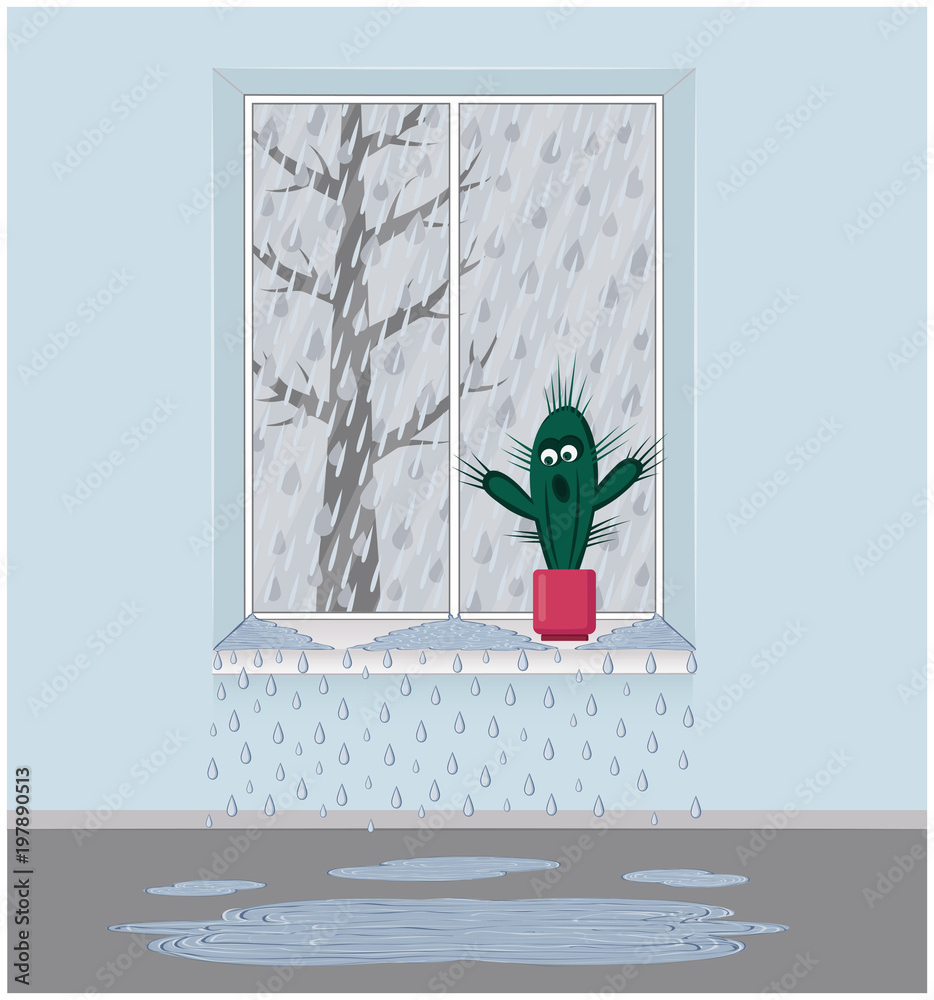 Rain outside the window. The frame is leaking. The window sill is wet