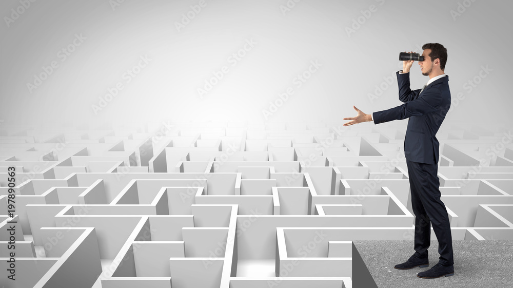 Businessman standing on maze and looking forward to the future concept
Businessman standing on maze and looking forward to the future concept