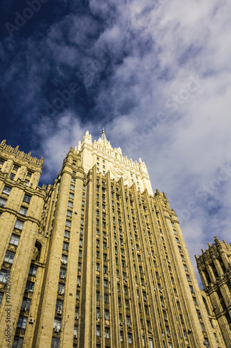 The facade of the building of Ministry of Foreign Affairs of Russia in Moscow. Dramatic view with cloudy sky.