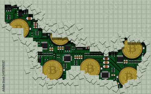 Bitcoin mineral background. Digital code was dug for picking the bitcoin up.
