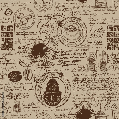 Vector seamless pattern on the coffee theme with a various coffee symbols, blots and inscriptions on a background of old manuscript in retro style. Can be used as wallpaper or wrapping paper