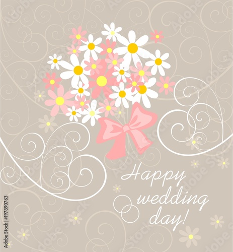 Wedding pastel card with pink and white daisy bouquet