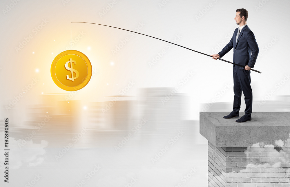 Young businessman fishing coins from a foggy city concept
Young businessman fishing coins from a foggy city concept