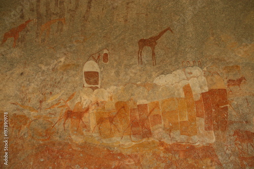 Bushmen rock painting of human figures and antelopes, giraffe of the Matopos National Park, Zimbabwe