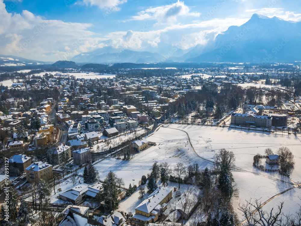 cityscape landscape salzburg austria blue sky winter season snow 