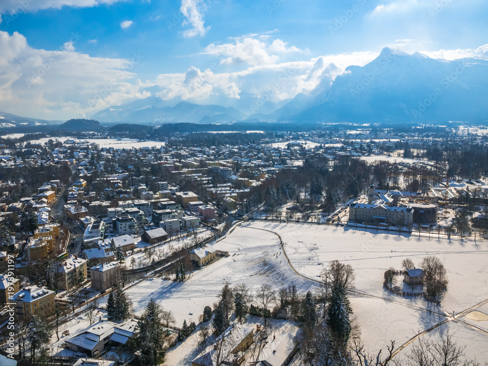 Obraz premium cityscape landscape salzburg austria blue sky winter season snow 
