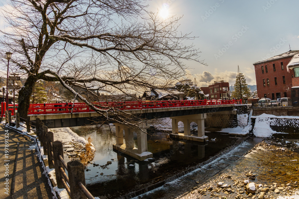 Miyagawanaka Bridge Old Red Bridge of Takayama in Winter
