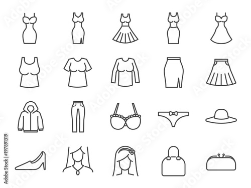 Women clothes icon set. Included the icons as dresses, workwear, fashion, jean, shirt, skirt, accessories and more.