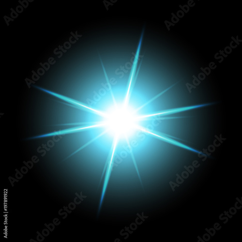Shining star on black background, aqua color