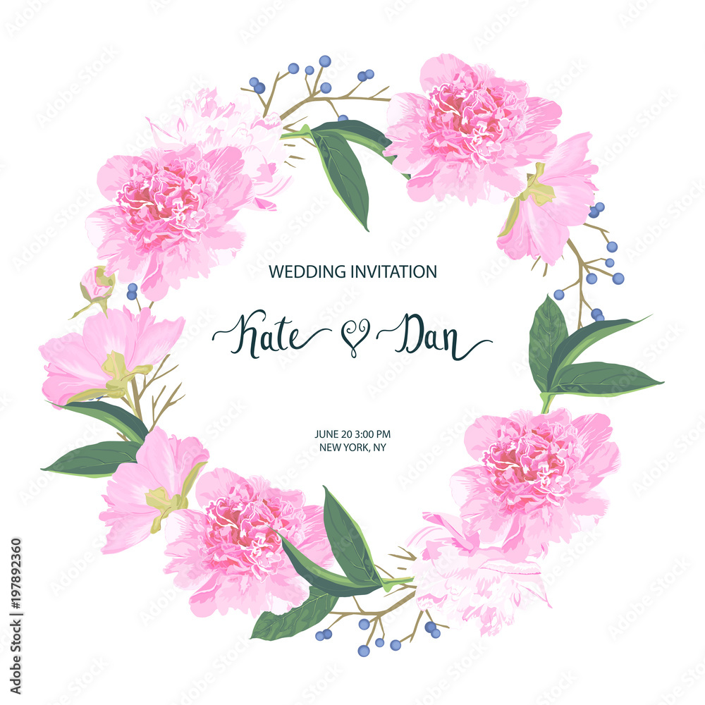 Floral invitation card for wedding, Easter, birthday, greeting. Vector illustration. Watercolor style