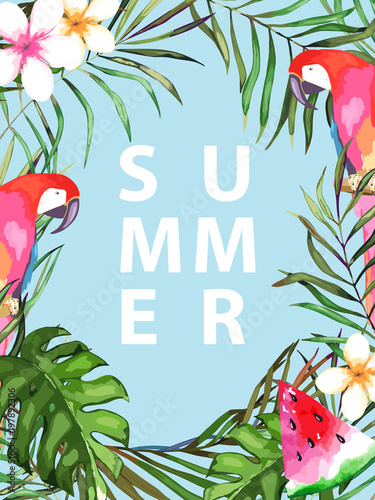 Summer tropical card with parrot, tropical leaves and watermelon. Vector illu...