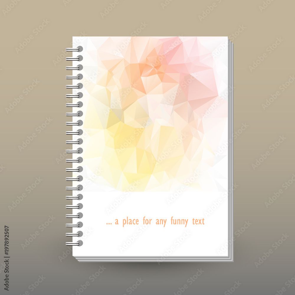 Fototapeta premium vector cover of diary or notebook with ring spiral binder - format A5 - layout brochure concept - light pink, peach, soft yellow colored with spring pastel colors - polygonal triangle pattern