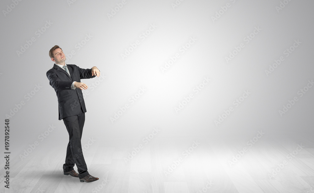 Zombi, sleepy maniac businessman walking in a copy space
Zombi, sleepy maniac businessman walking in a copy space