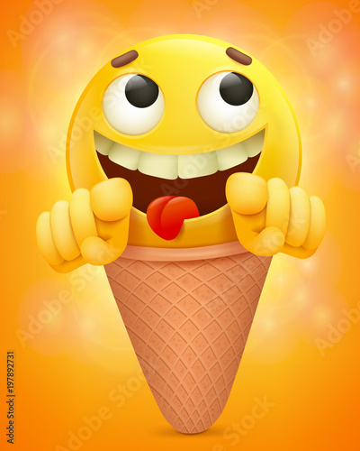 Yellow smiley emoticon face in icecreame cone