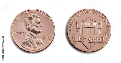 american one cent, USA 1 c, bronze coin isolate on white background. Abraham Lincoln on copper coin realistic photo image - both sides