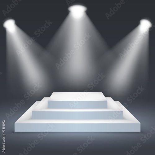 Square podium illuminated by spotlights. Empty ceremony pedestal. Vector illustration.