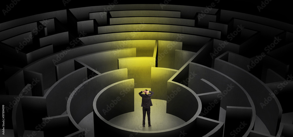 Businessman can not decide which entrance to chose in a middle of a dark maze
Businessman can not decide which entrance to chose in a middle of a dark maze