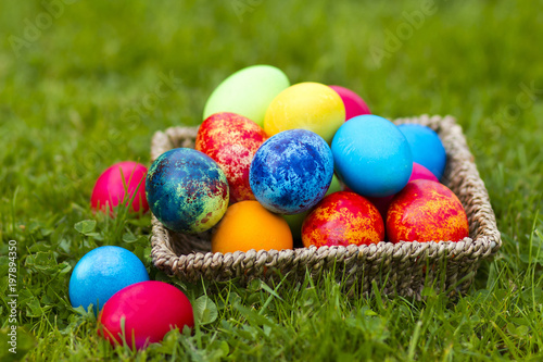 Happy Easter, colorful eggs in a basket