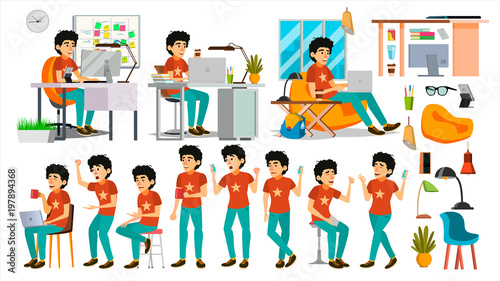 Young Coder Character Vector. Web Developer Programming. Coding, Software Development. Javascript. IT Startup Business Company. Environment Process. Poses, Emotions. Cartoon Business Illustration