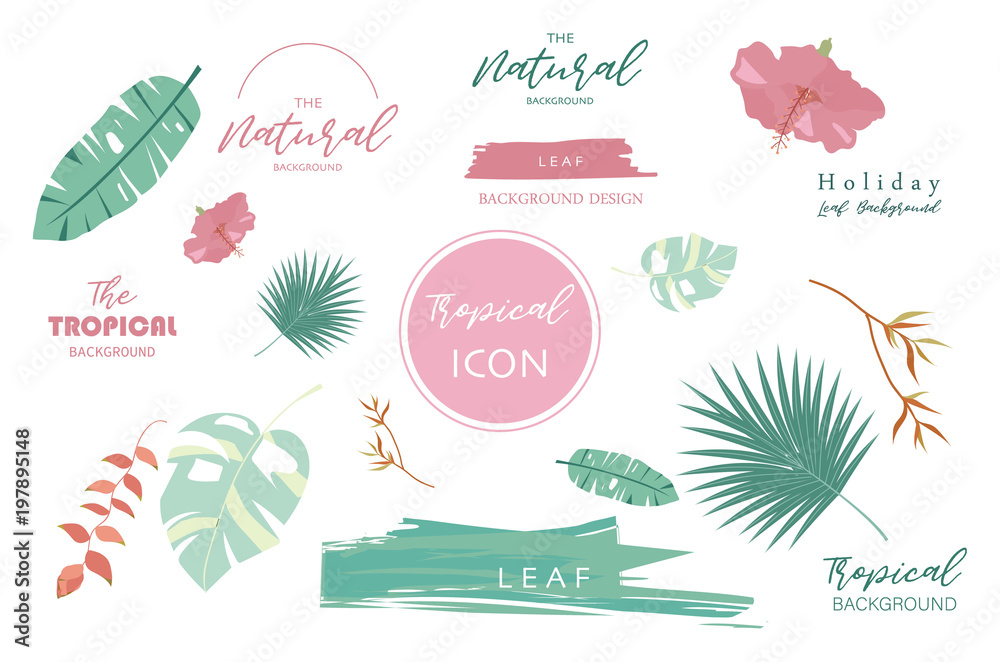Tropical icon with palm, coconut tree,hibiscus,flamingo and flower