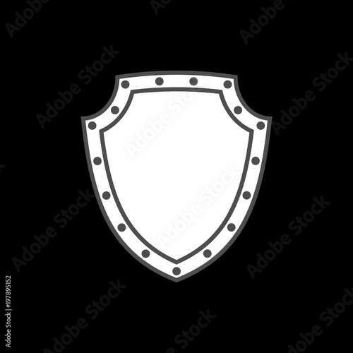 Shield shape icon. White silhouette sign isolated on black background. Symbol of protection, arms, security, safety. Flat retro style design. Element vintage heraldic emblem. Vector illustration