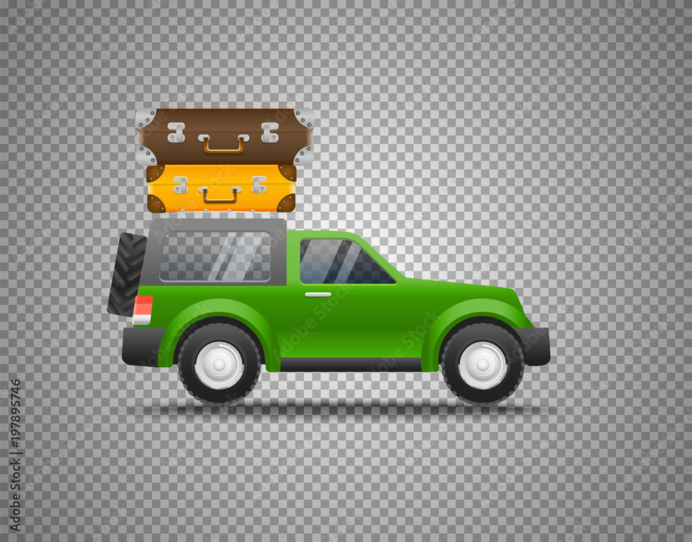 Fototapeta premium Green car with baggage isolated on transparent background. Layered and detailed illustration