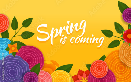 Spring is coming. Vector poster. Abstract flowers on yellow background