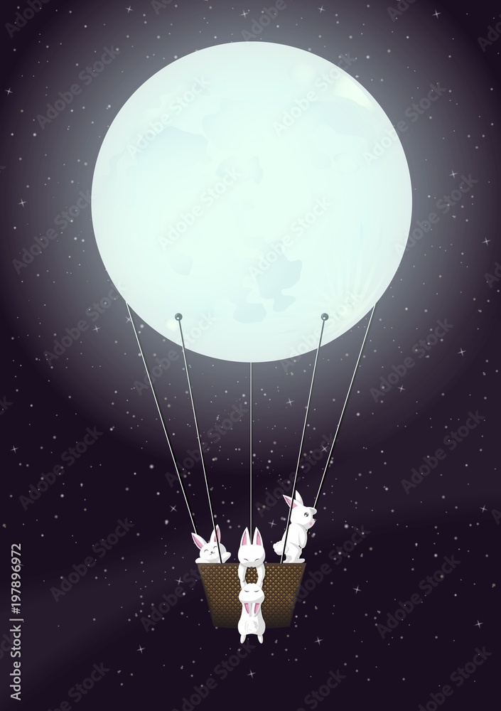 Fototapeta premium Adventure Of Four White Rabbits On The Space With Moon Balloon Art - Vector