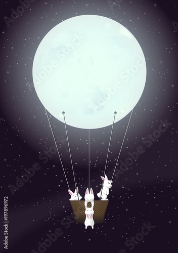 Adventure Of Four White Rabbits On The Space With Moon Balloon Art - Vector