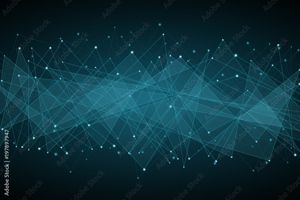 Abstract polygonal background. Blue glowing connected triangles on a dark background. Plexus web. Modern geometric design. Vector illustration
