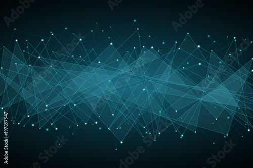 Abstract polygonal background. Blue glowing connected triangles on a dark background. Plexus web. Modern geometric design. Vector illustration